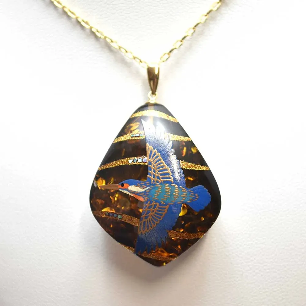 Maki-e Urushi Lacquer Pendant Necklace - Amber / Kingfisher -, Traditional Japanese Urushi Lacquer Jewelry