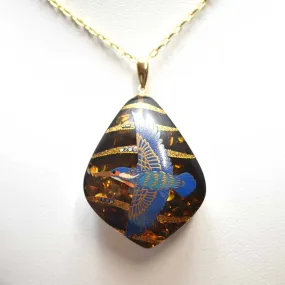 Maki-e Urushi Lacquer Pendant Necklace - Amber / Kingfisher -, Traditional Japanese Urushi Lacquer Jewelry