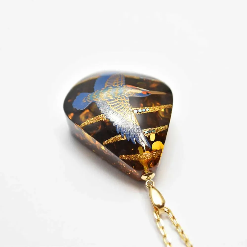 Maki-e Urushi Lacquer Pendant Necklace - Amber / Kingfisher -, Traditional Japanese Urushi Lacquer Jewelry