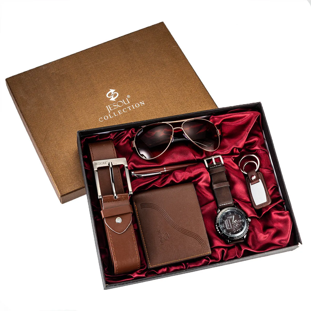 Men's Watch Belt Set Glasses Belt Wallet Keychain Large Dial Quartz