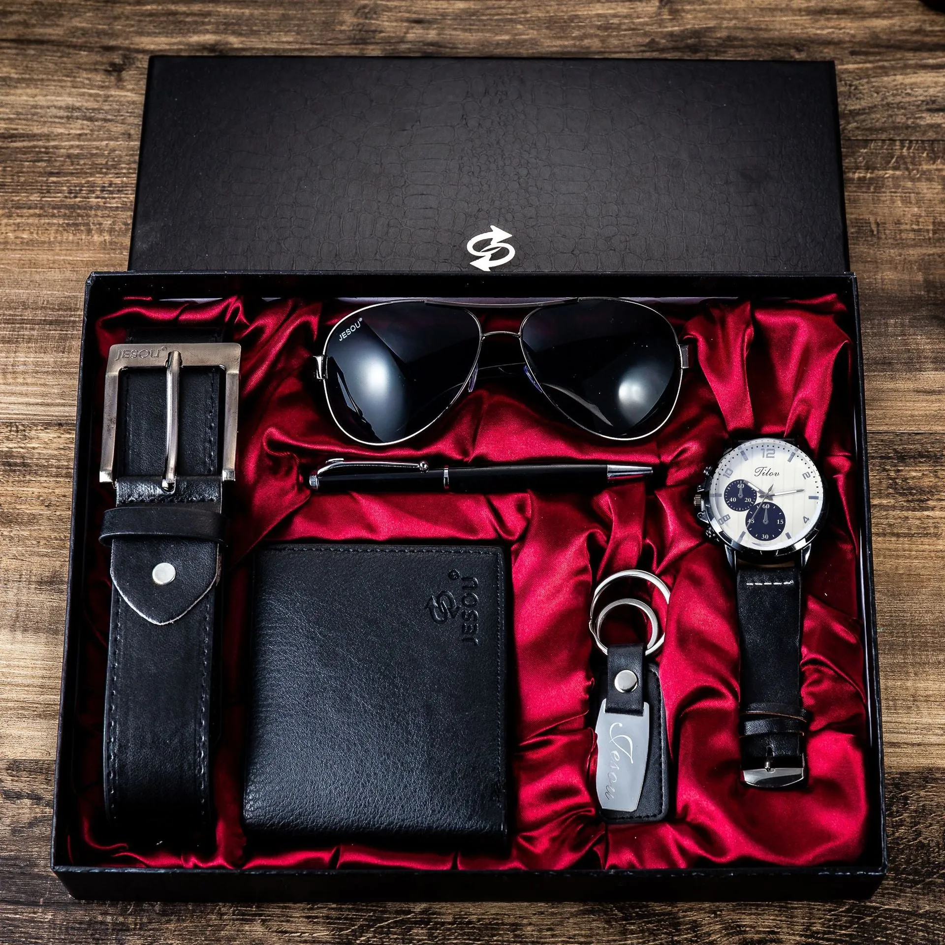 Men's Watch Belt Set Glasses Belt Wallet Keychain Large Dial Quartz