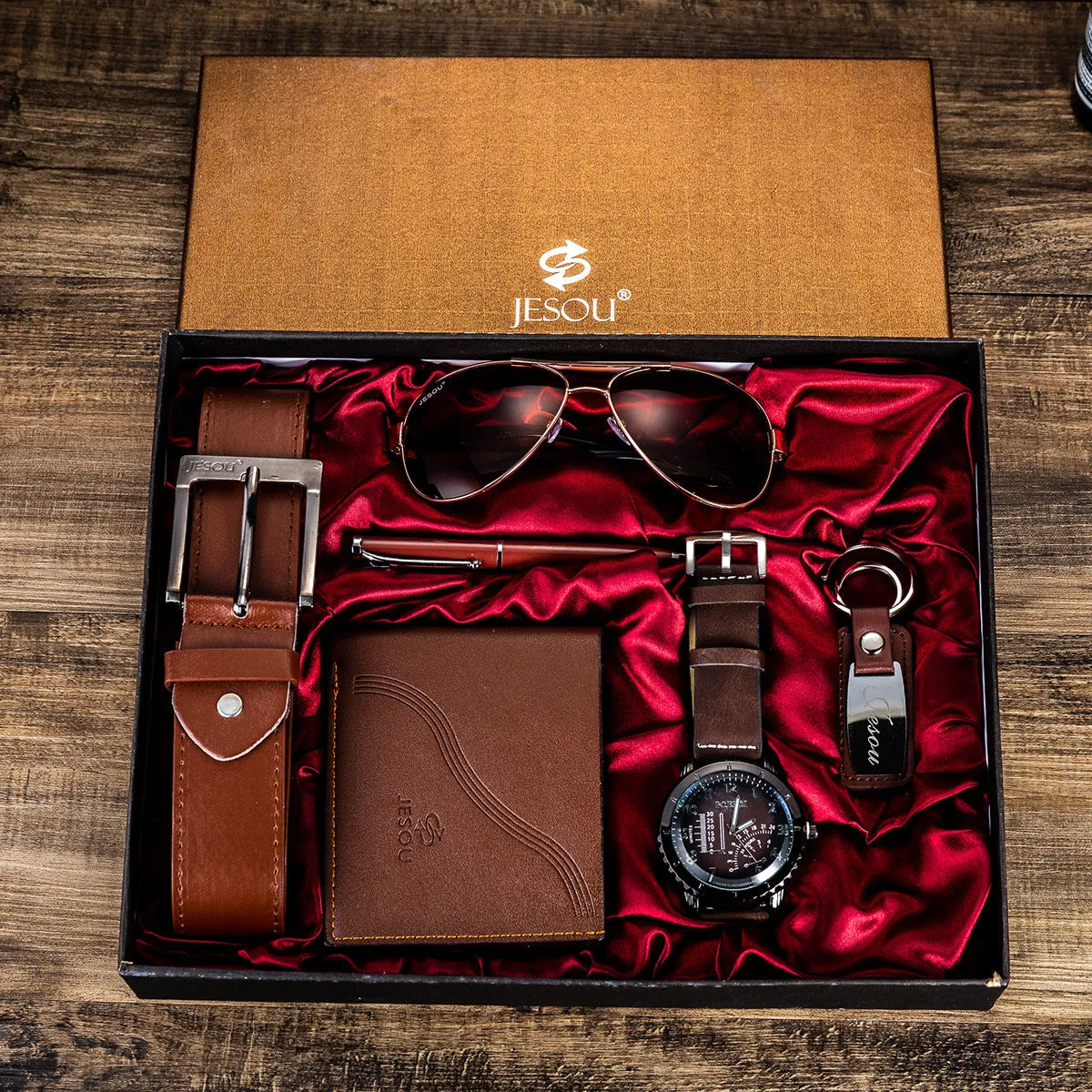 Men's Watch Belt Set Glasses Belt Wallet Keychain Large Dial Quartz