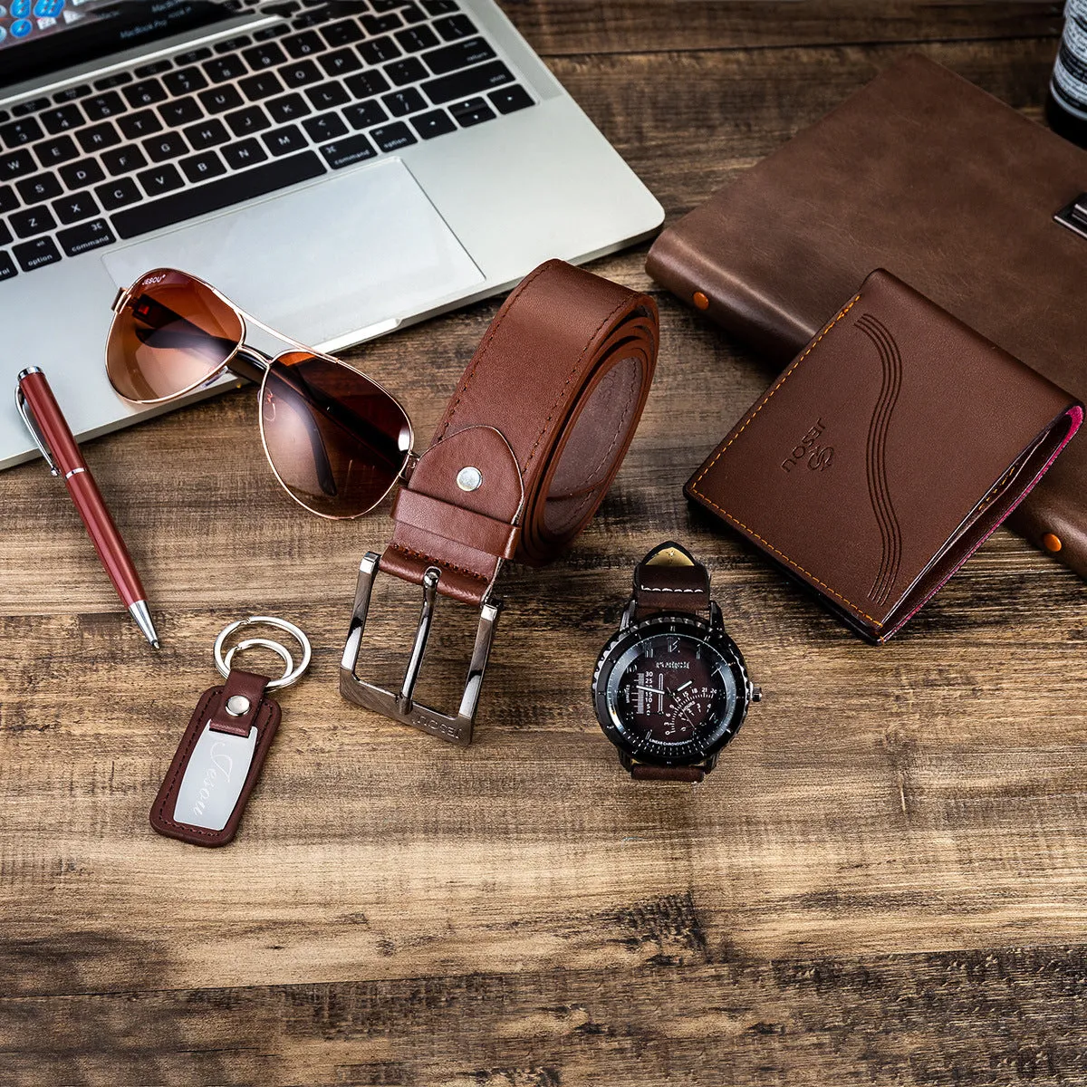 Men's Watch Belt Set Glasses Belt Wallet Keychain Large Dial Quartz