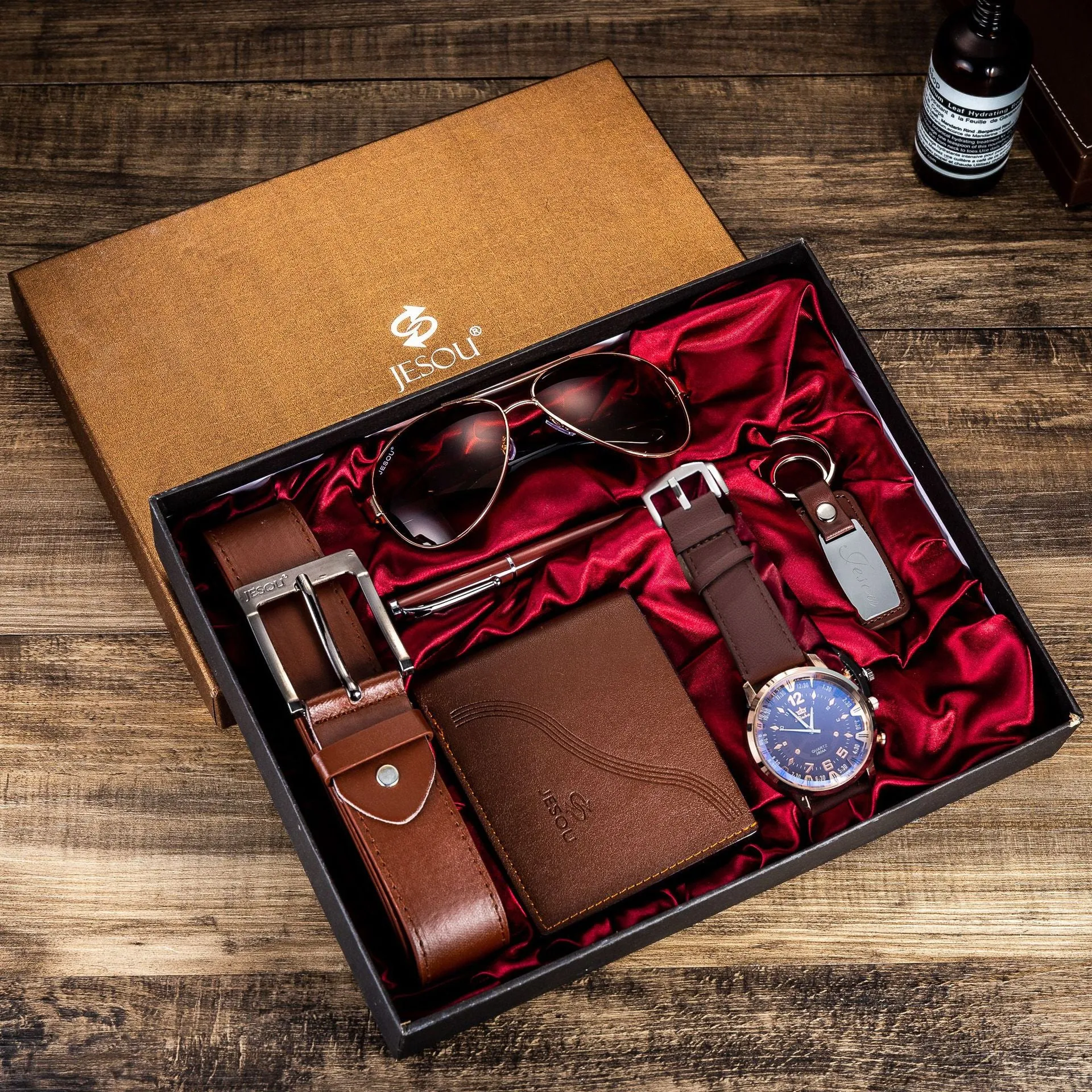 Men's Watch Belt Set Glasses Belt Wallet Keychain Large Dial Quartz