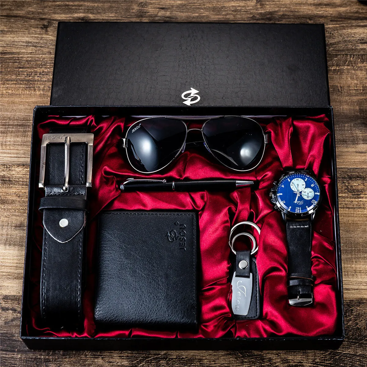 Men's Watch Belt Set Glasses Belt Wallet Keychain Large Dial Quartz