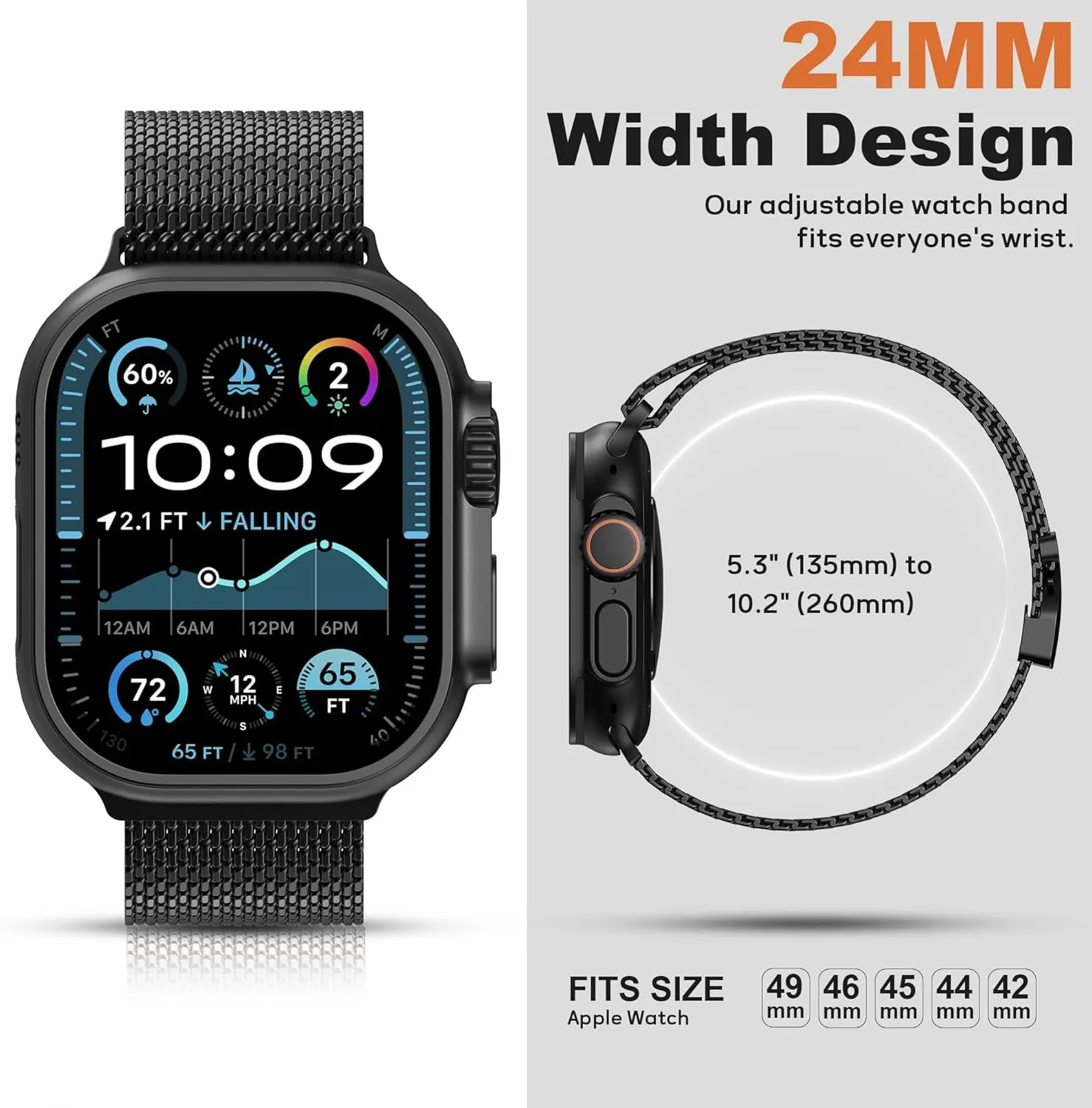 Milanese Mesh Loop Band For Apple Watch 49/46/45/44/42mm ,Designer Parachute-Style Metal Buckle Adjustable Strap for Men Women -Black