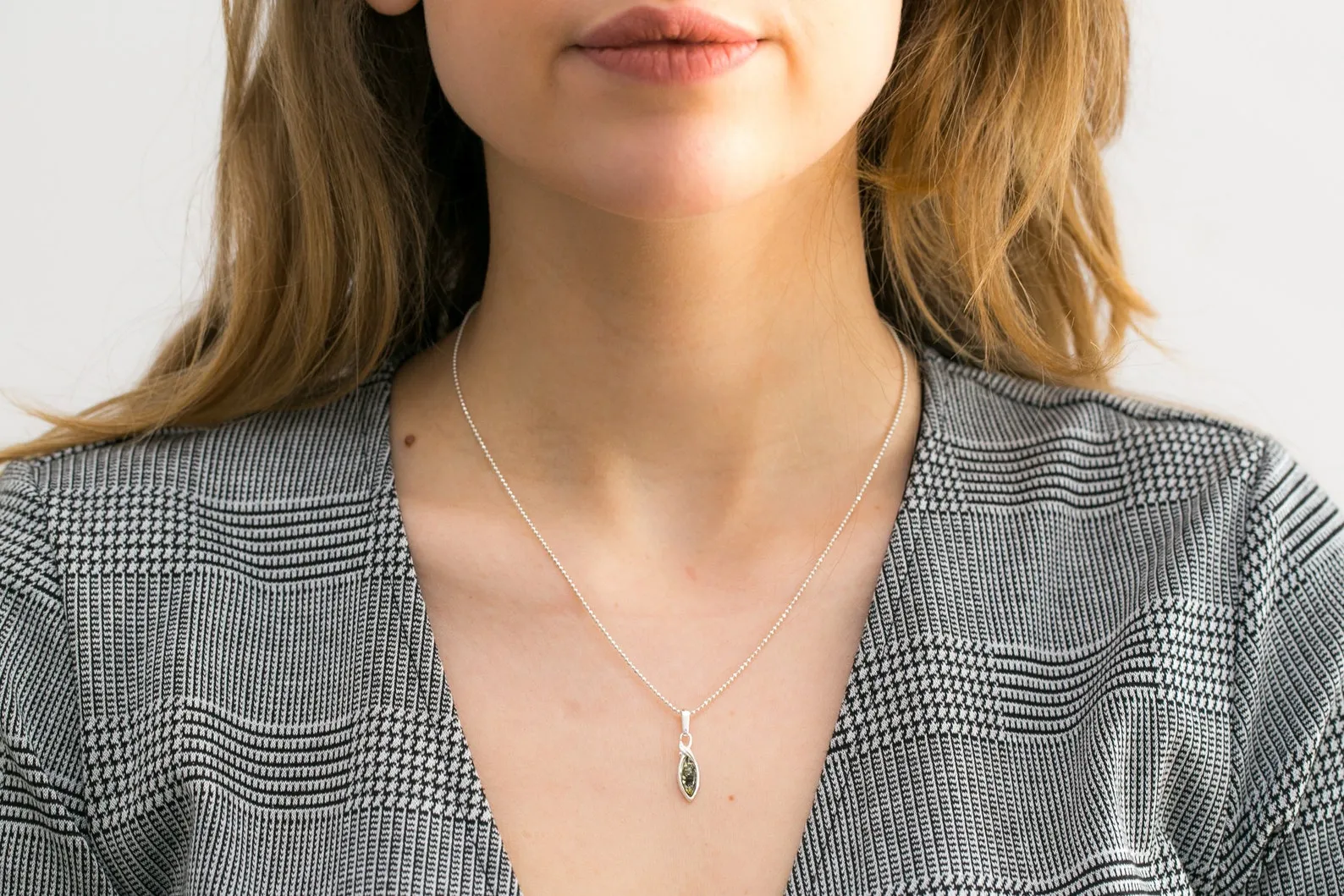 Minimal Leaf Green Amber Pendant - Elegant Sterling Silver Necklace