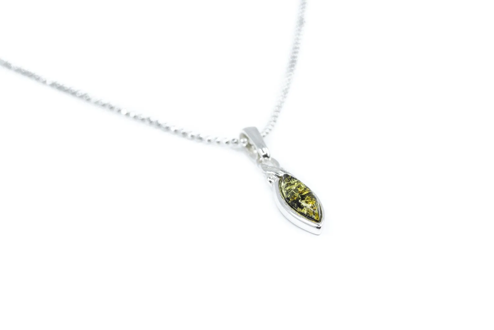 Minimal Leaf Green Amber Pendant - Elegant Sterling Silver Necklace