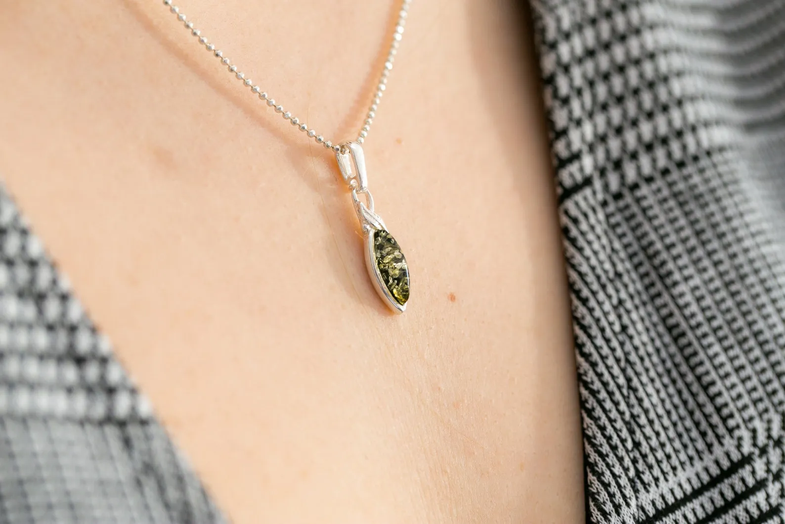 Minimal Leaf Green Amber Pendant - Elegant Sterling Silver Necklace