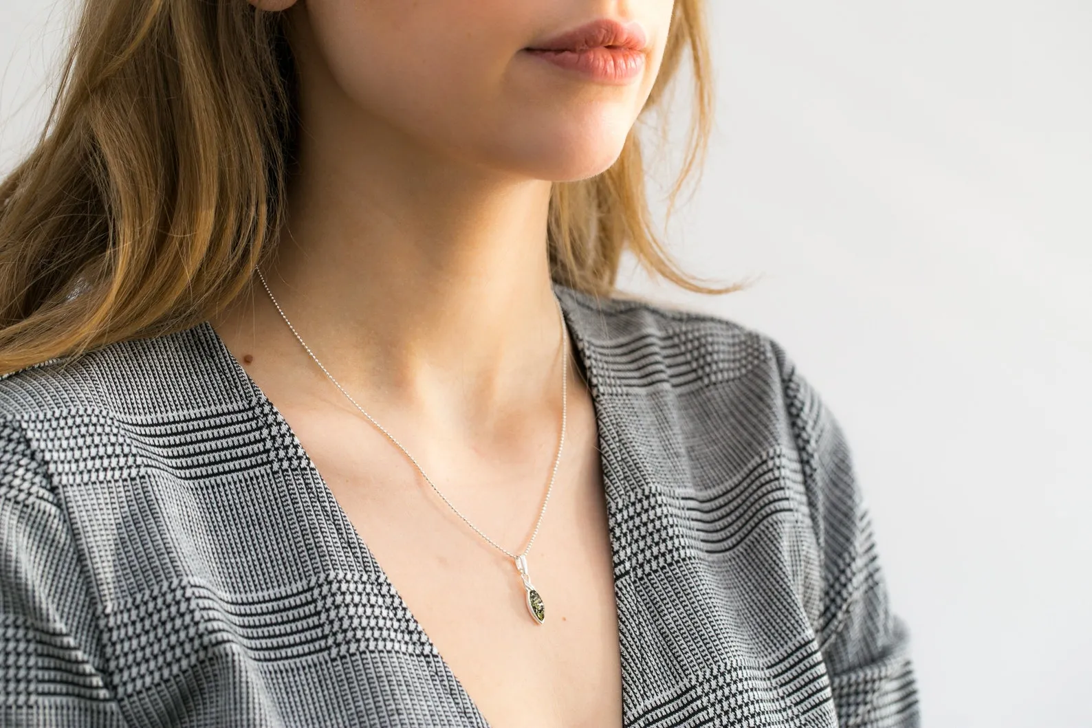 Minimal Leaf Green Amber Pendant - Elegant Sterling Silver Necklace