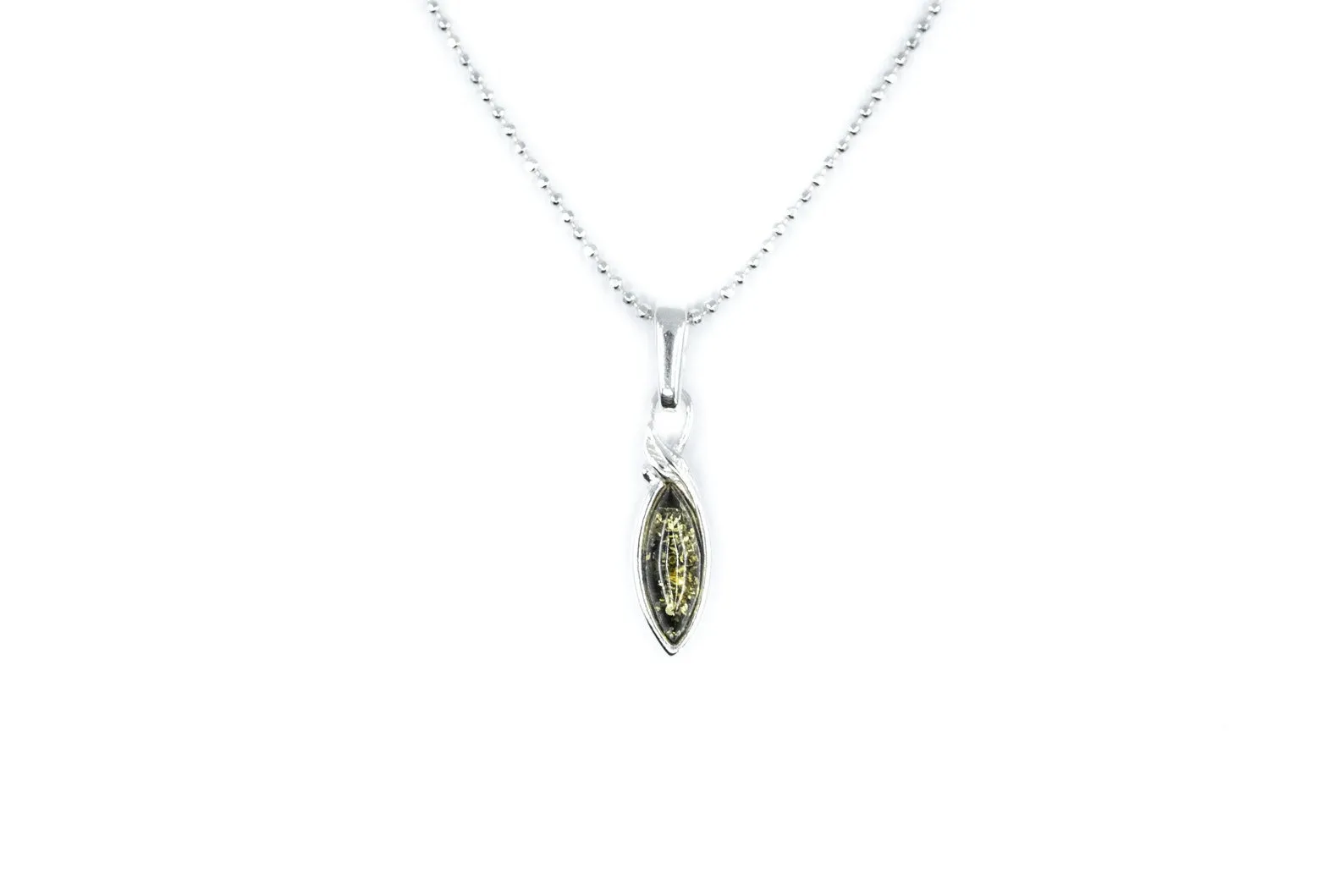 Minimal Leaf Green Amber Pendant - Elegant Sterling Silver Necklace