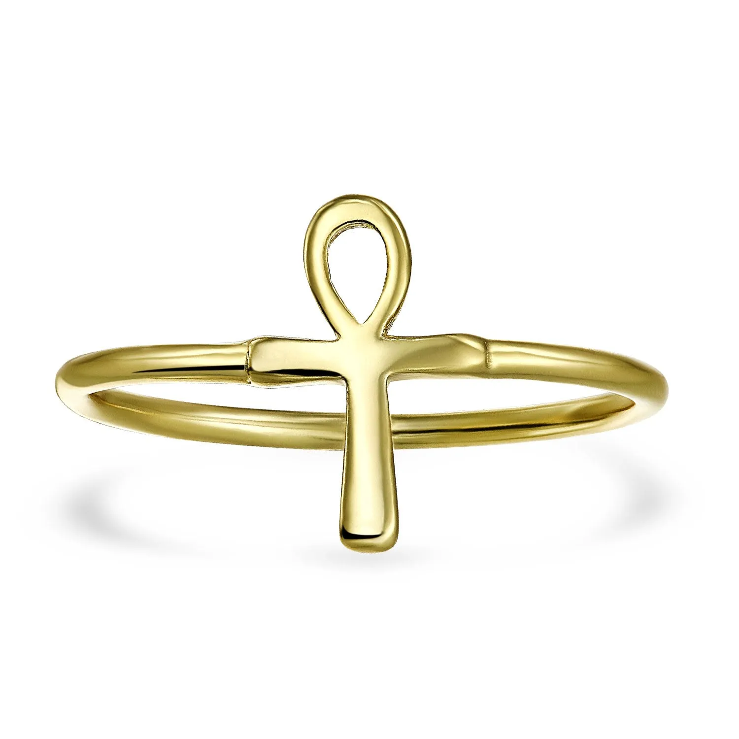 Minimalist Silver Ring with Egyptian Ankh Cross 14K Gold Plated Sterling Band