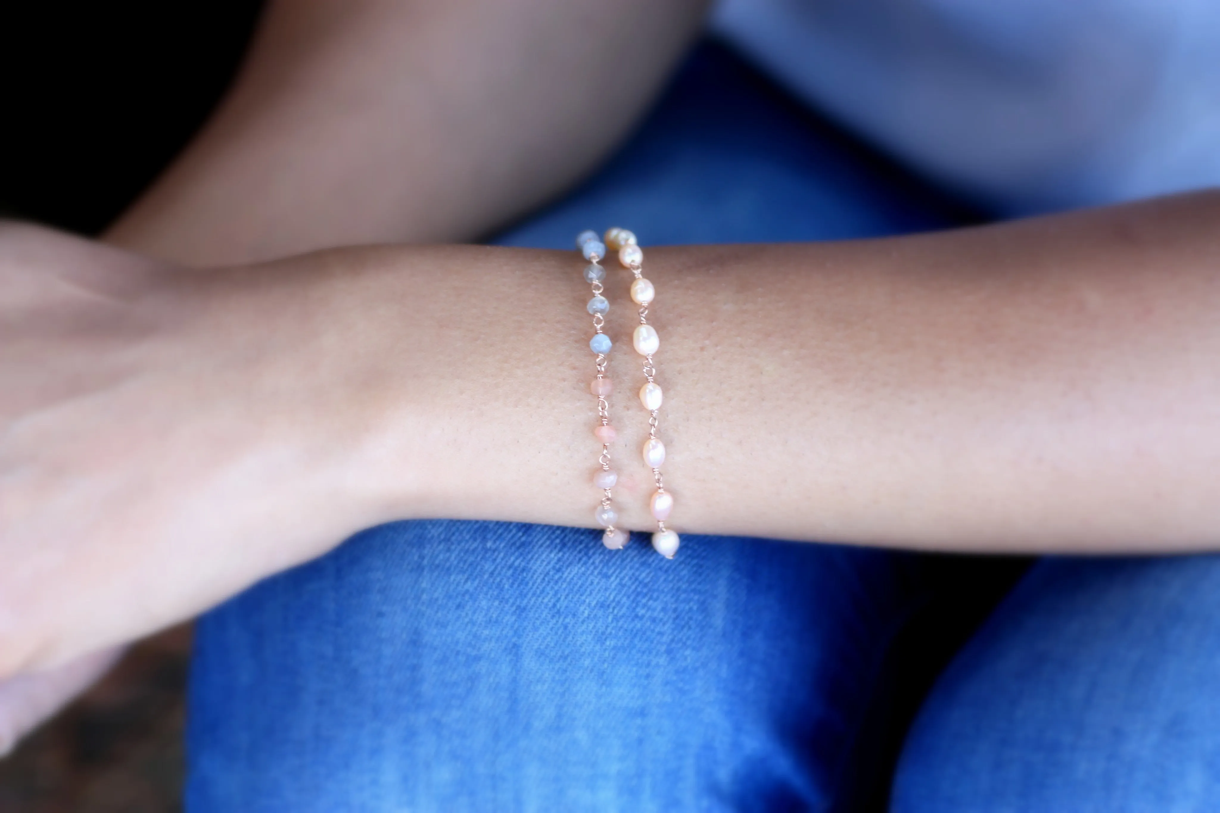 Moonstone Gradient Bracelet in Wire Wrapped Gold