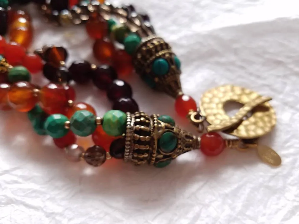 Multistrand Carnelian, Smokey Quartz, Turquoise Necklace with Solid Brass Coral and Turquoise Inlaid Cross Pendant, MB101723: The Grail