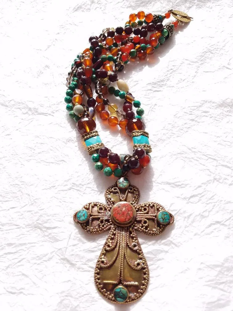 Multistrand Carnelian, Smokey Quartz, Turquoise Necklace with Solid Brass Coral and Turquoise Inlaid Cross Pendant, MB101723: The Grail