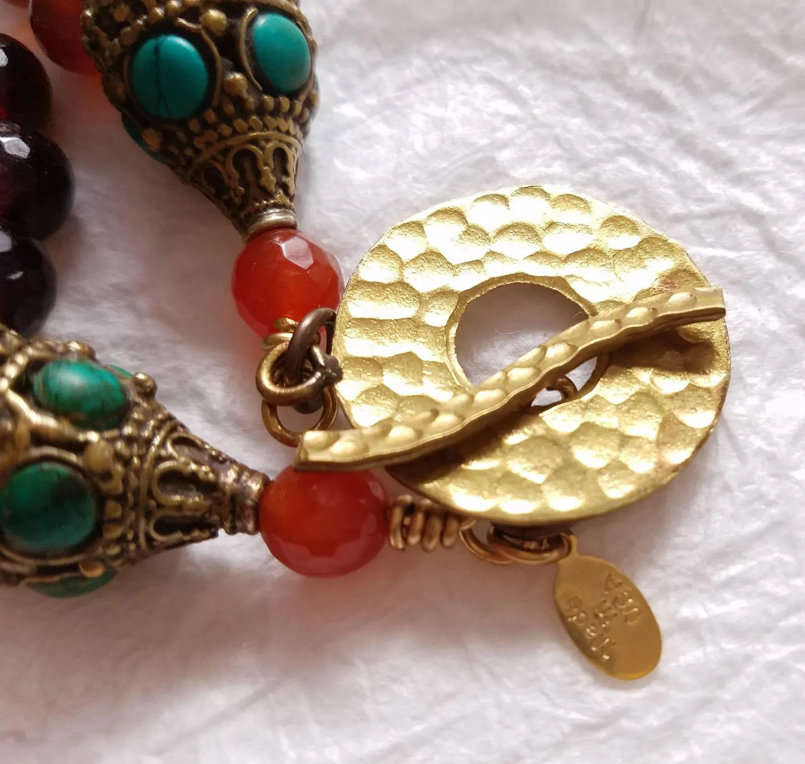 Multistrand Carnelian, Smokey Quartz, Turquoise Necklace with Solid Brass Coral and Turquoise Inlaid Cross Pendant, MB101723: The Grail
