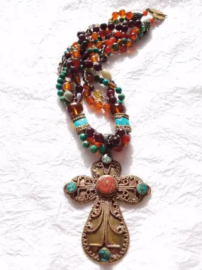 Multistrand Carnelian, Smokey Quartz, Turquoise Necklace with Solid Brass Coral and Turquoise Inlaid Cross Pendant, MB101723: The Grail