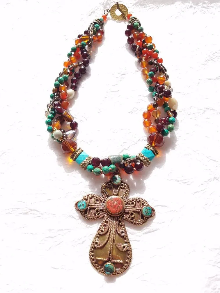 Multistrand Carnelian, Smokey Quartz, Turquoise Necklace with Solid Brass Coral and Turquoise Inlaid Cross Pendant, MB101723: The Grail