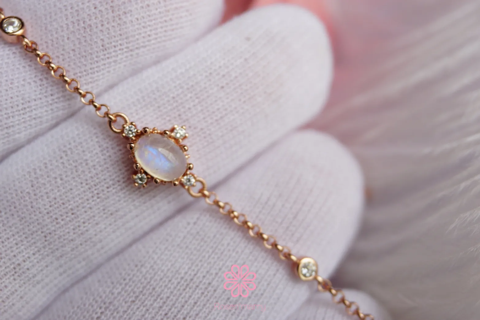 Natural Rainbow Moonstone Bracelet Sterling Silver925 With Rosegold Plated.