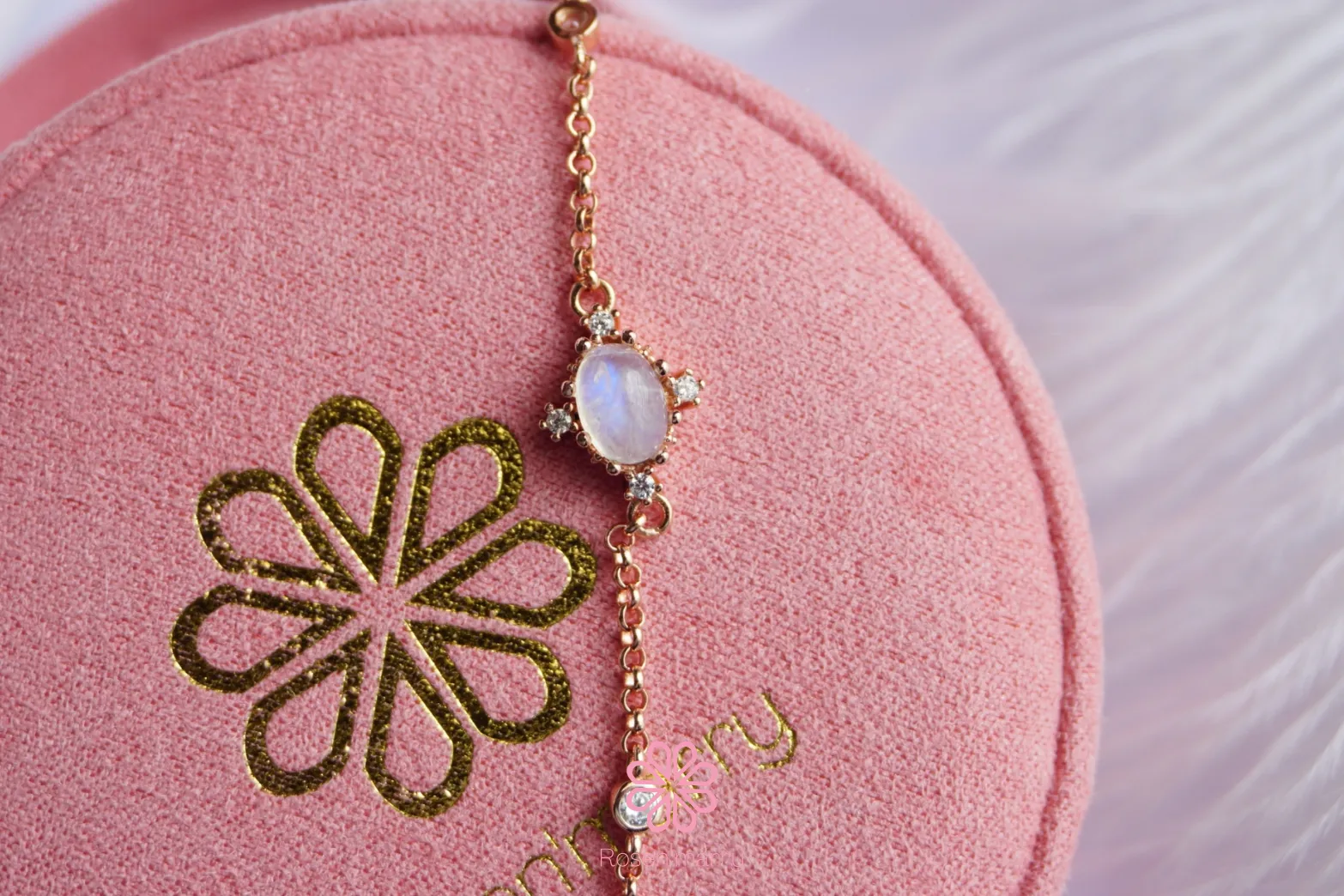 Natural Rainbow Moonstone Bracelet Sterling Silver925 With Rosegold Plated.