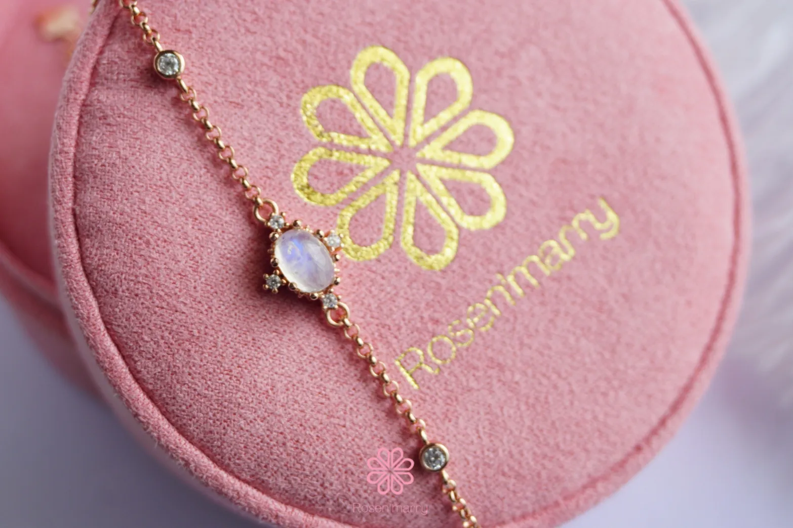 Natural Rainbow Moonstone Bracelet Sterling Silver925 With Rosegold Plated.