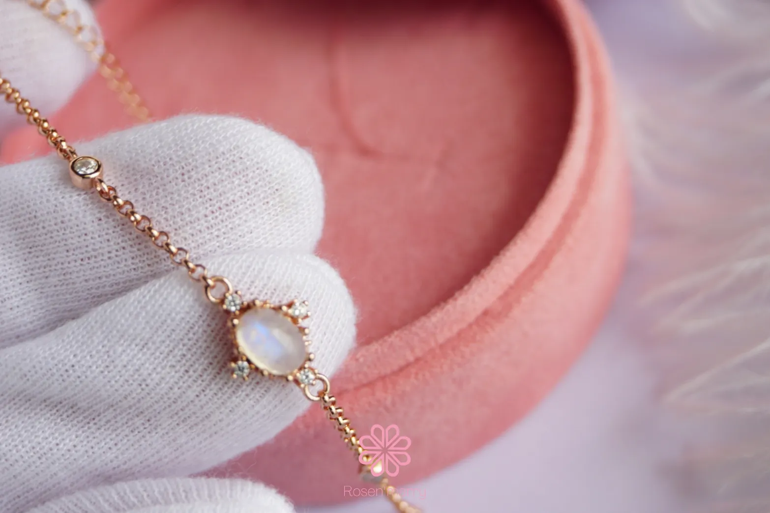 Natural Rainbow Moonstone Bracelet Sterling Silver925 With Rosegold Plated.
