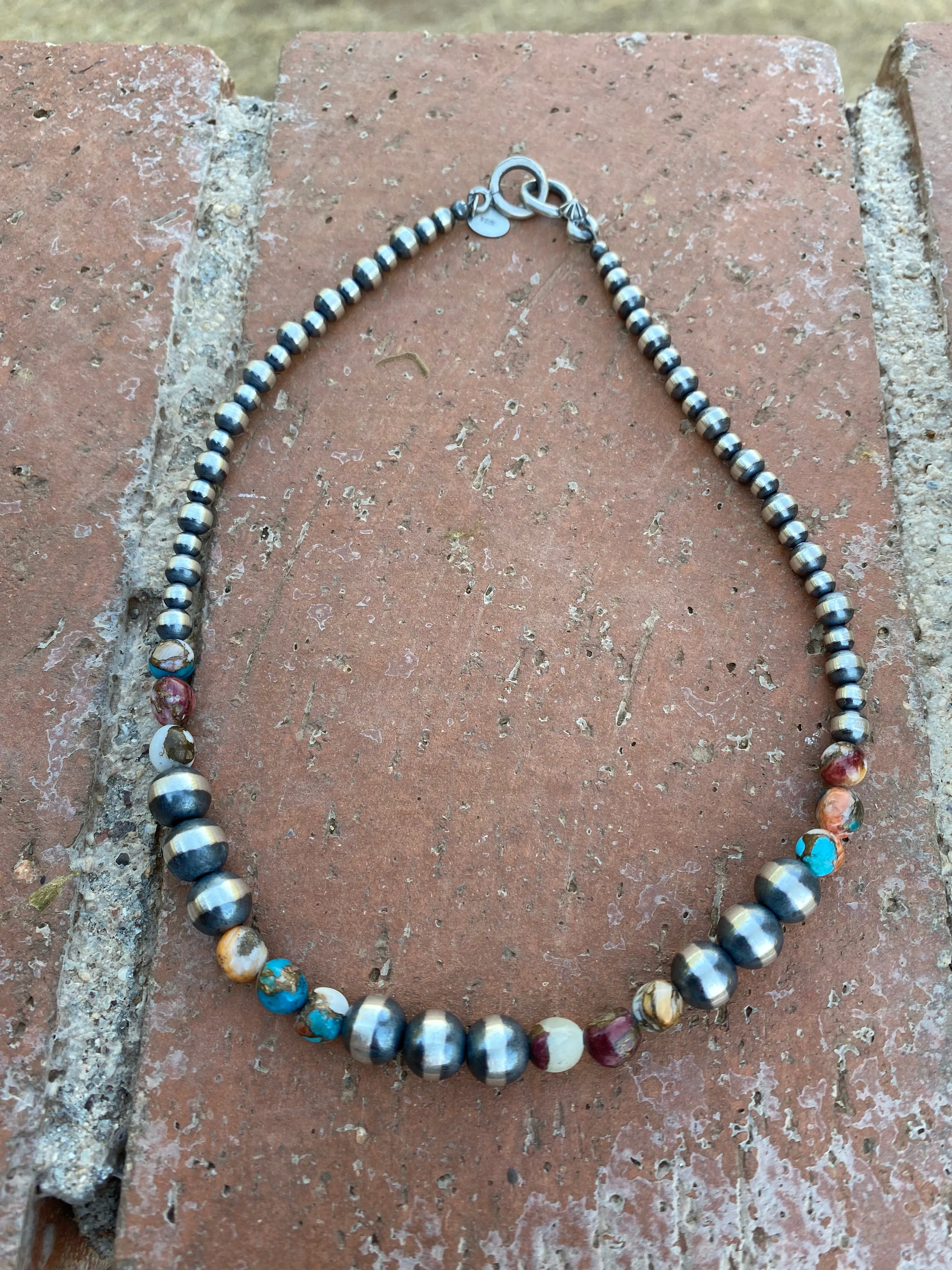 Navajo Turquoise & Spiny Spice Sterling Silver Beaded Necklace 14 inch