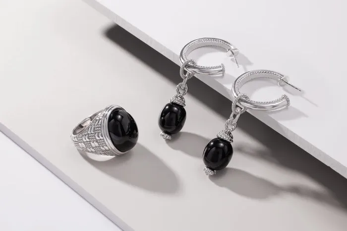 Ocean Reef Drop Hoop Earrings With Black Onyx