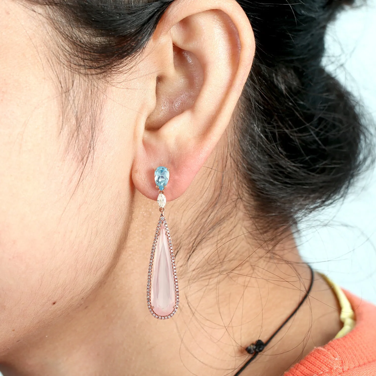 Pear Cut Rose Quartz Pear Blue Topaz Pave Diamond Beautiful Danglers In 18k Rose Gold