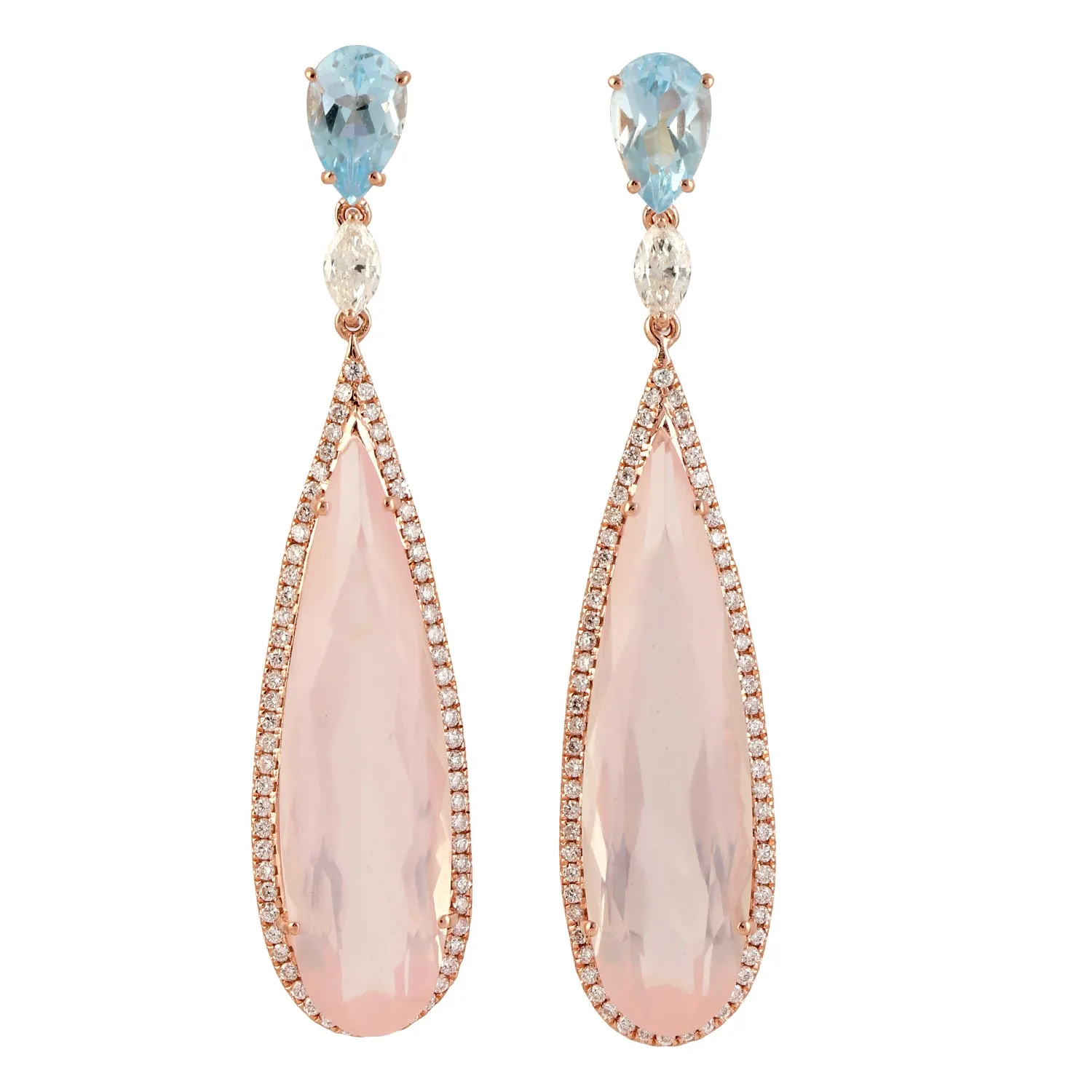 Pear Cut Rose Quartz Pear Blue Topaz Pave Diamond Beautiful Danglers In 18k Rose Gold