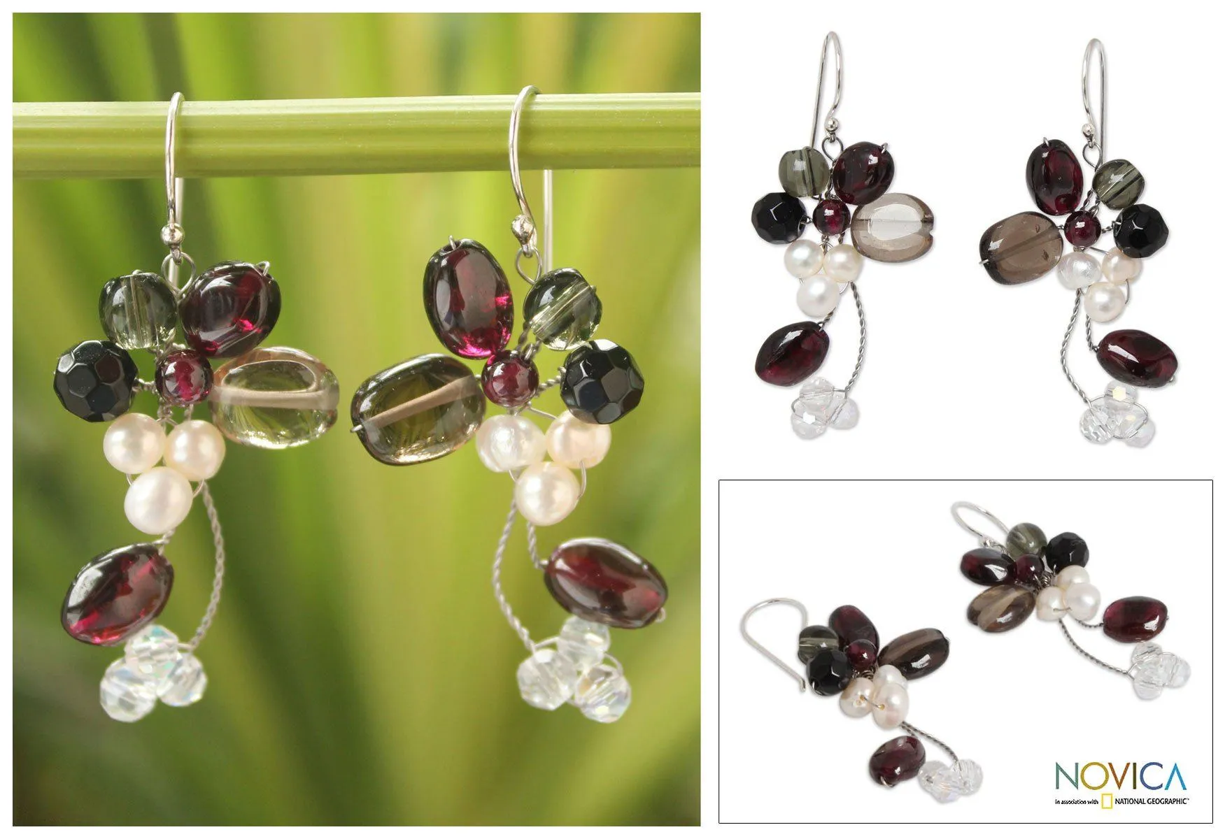 Pearl & Multi-gem Silver Cluster Earrings