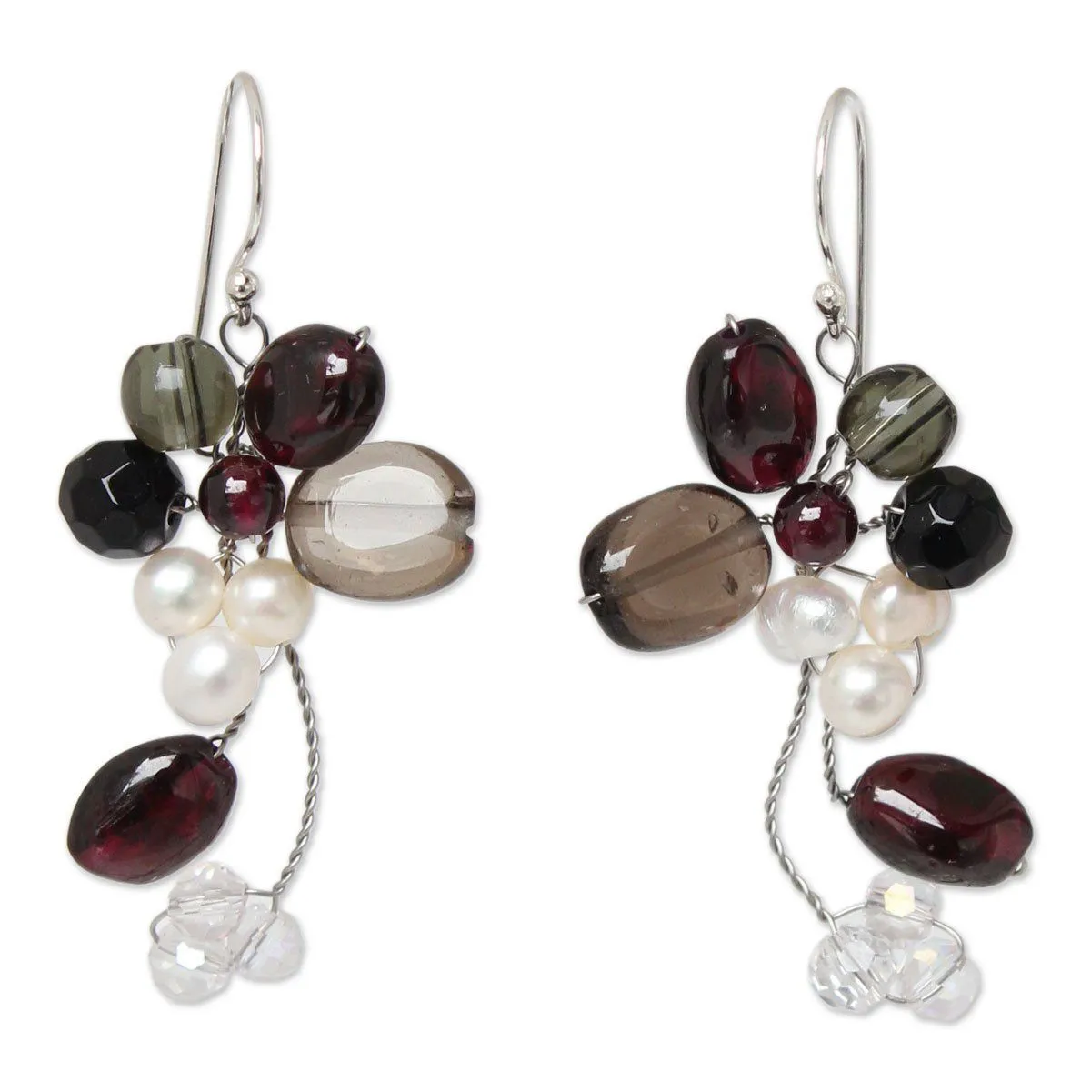 Pearl & Multi-gem Silver Cluster Earrings