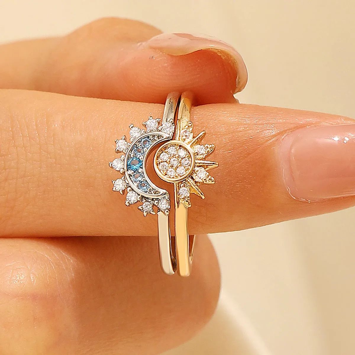 Personalized retro design with a sense of sun and moon shining together. Layered women's diamond inlay, sun and moon opening ring and ring