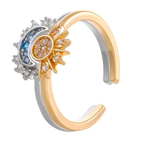 Personalized retro design with a sense of sun and moon shining together. Layered women's diamond inlay, sun and moon opening ring and ring