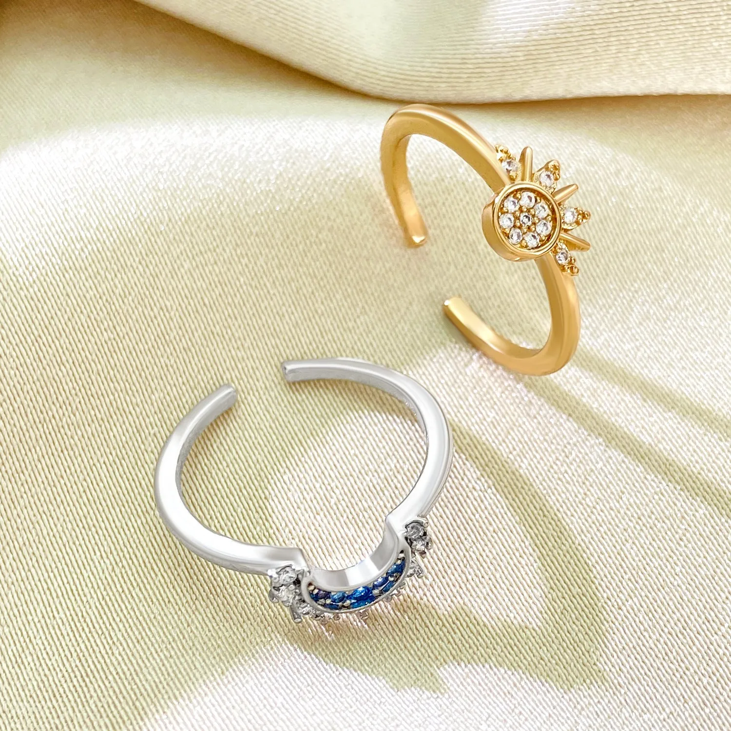 Personalized retro design with a sense of sun and moon shining together. Layered women's diamond inlay, sun and moon opening ring and ring