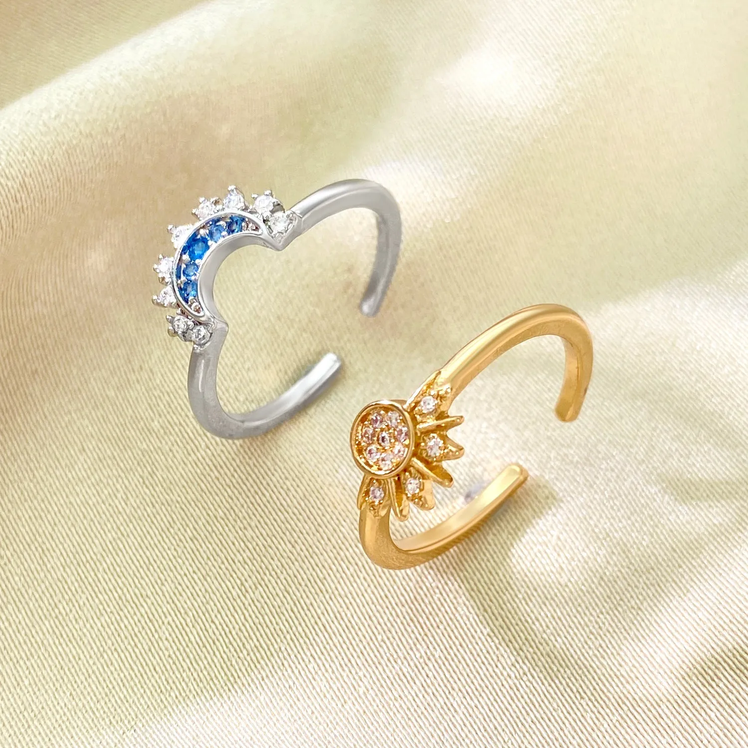 Personalized retro design with a sense of sun and moon shining together. Layered women's diamond inlay, sun and moon opening ring and ring