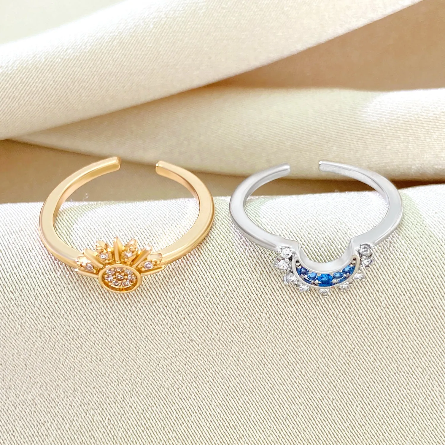Personalized retro design with a sense of sun and moon shining together. Layered women's diamond inlay, sun and moon opening ring and ring