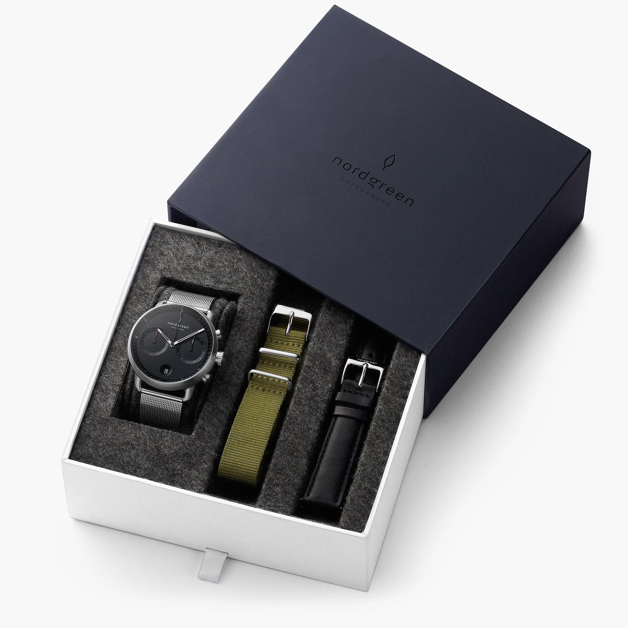 Pioneer - BUNDLE Black Dial Silver | Silver Mesh / Olive Green Nylon / Black Leather Strap