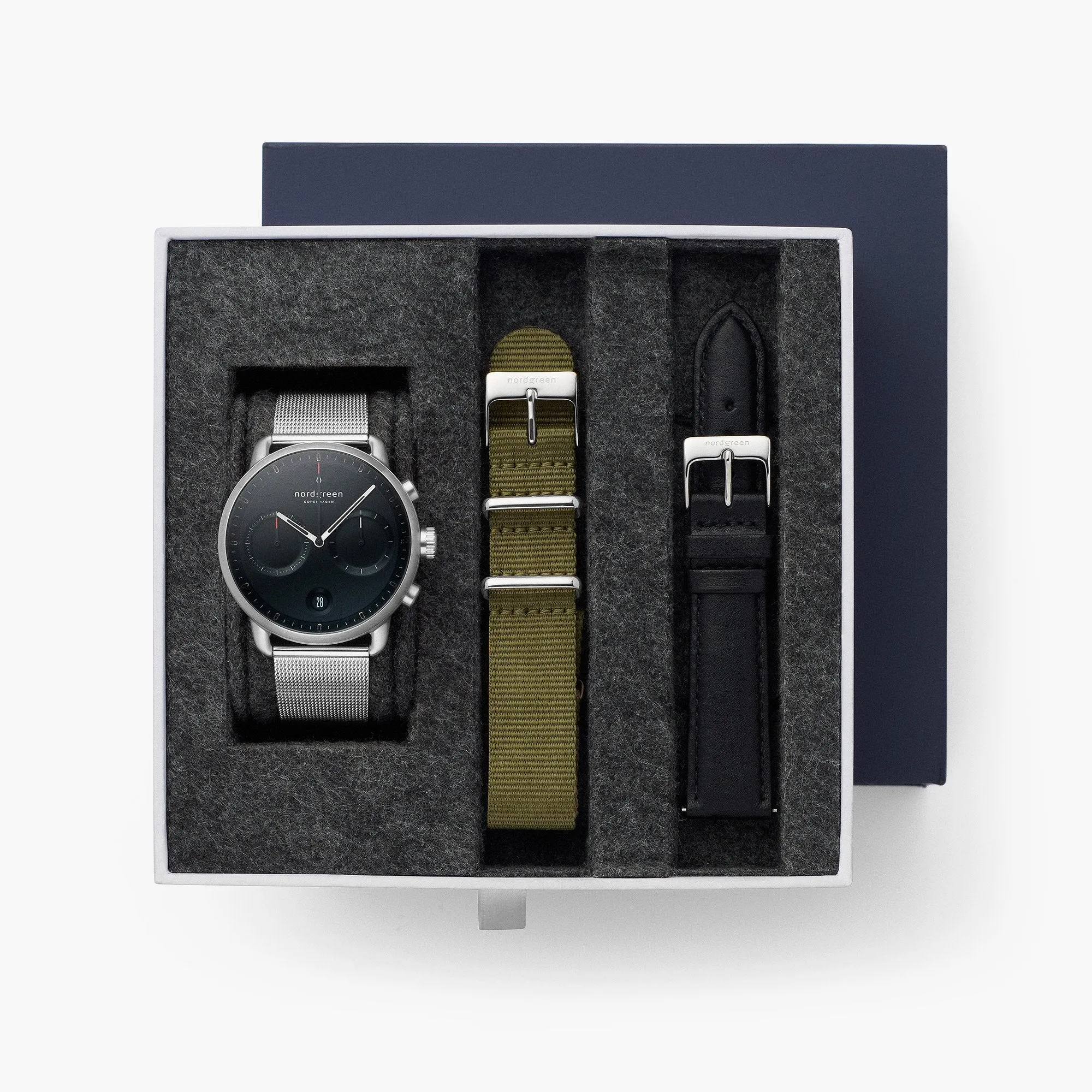 Pioneer - BUNDLE Black Dial Silver | Silver Mesh / Olive Green Nylon / Black Leather Strap