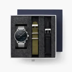 Pioneer - BUNDLE Black Dial Silver | Silver Mesh / Olive Green Nylon / Black Leather Strap