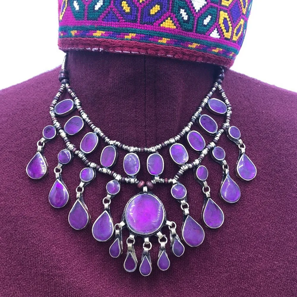 Purple Stone Teardrop Multilayer Bib Necklace