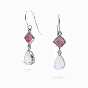 Rainbow Moonstone & Pink Tourmaline Drop Earrings