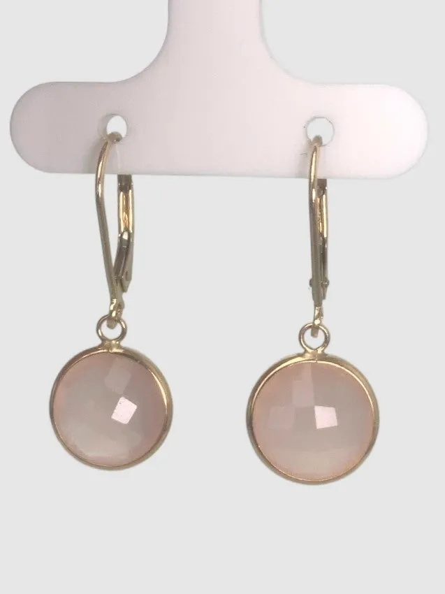 Rose Quartz Round Bezel Earring in 14KY  - EAR-034-BZGM14Y-RQ