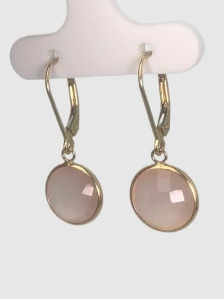 Rose Quartz Round Bezel Earring in 14KY  - EAR-034-BZGM14Y-RQ