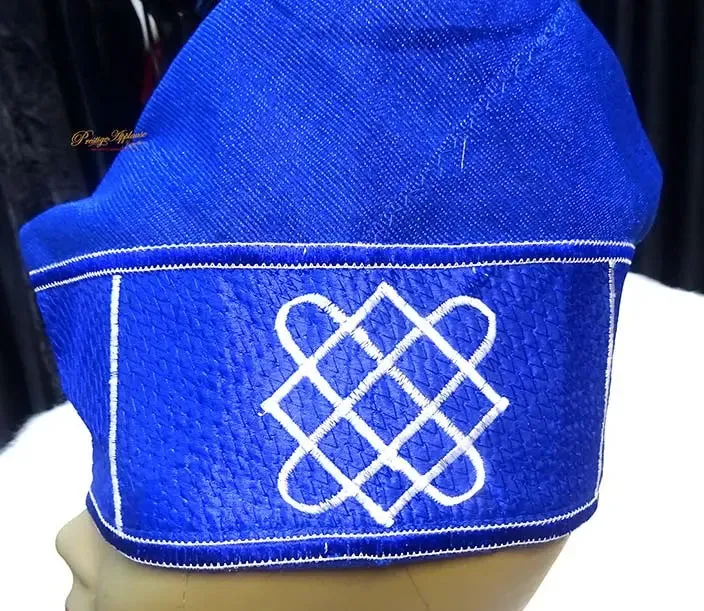 Royal Blue African Men Aso Oke Fila Cap Party with White Embroidery Size 23 inch PRE ORDER