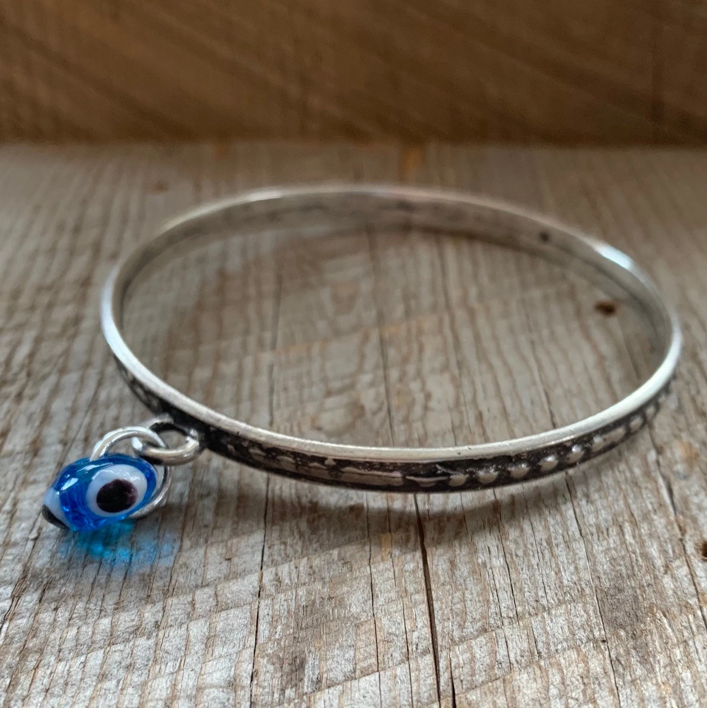 SariBlue® Boho Silver Bangle with Blue Glass Evil Eye