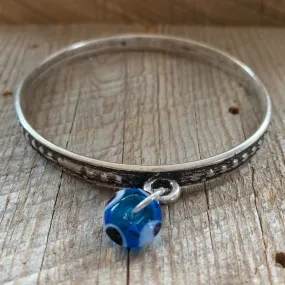 SariBlue® Boho Silver Bangle with Blue Glass Evil Eye