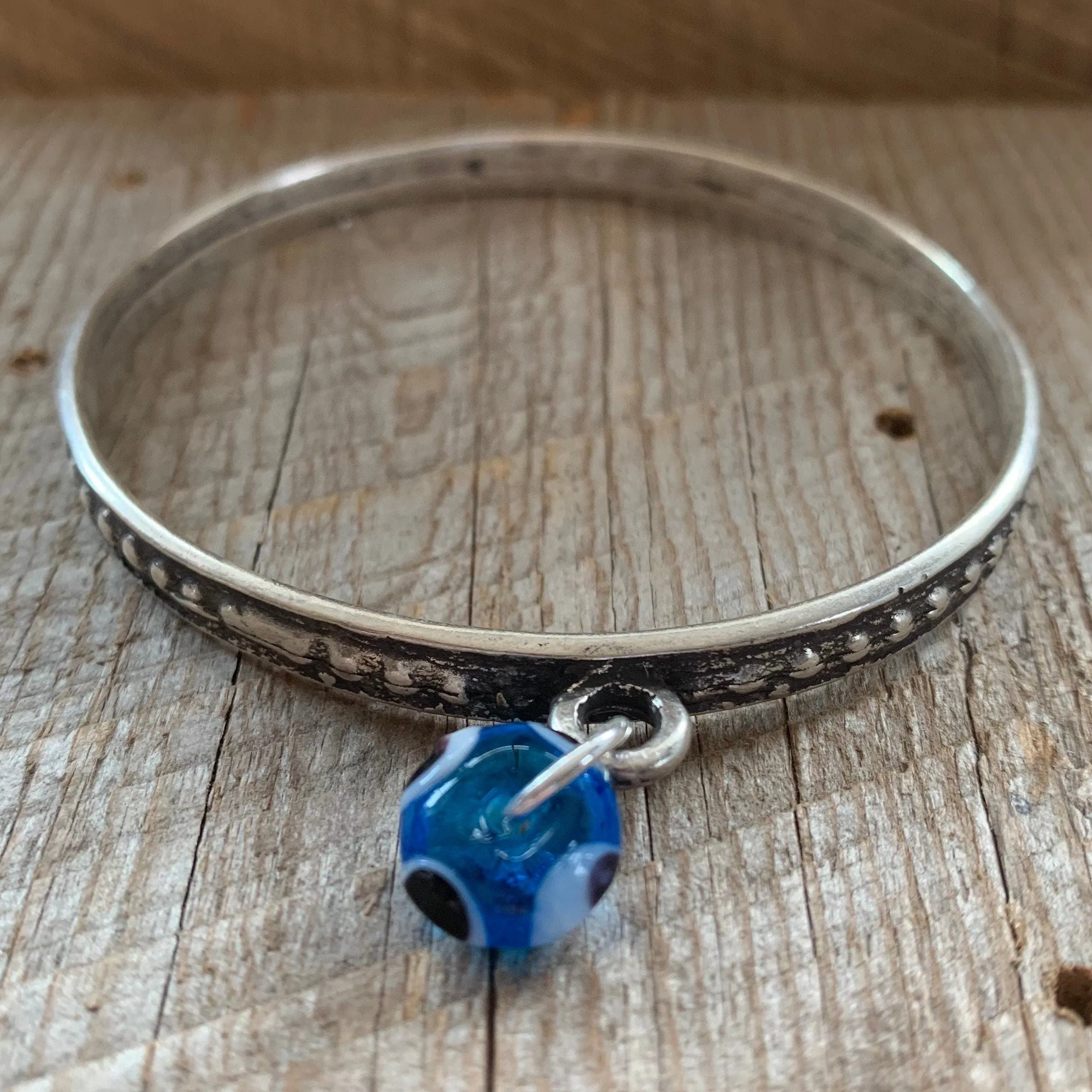 SariBlue® Boho Silver Bangle with Blue Glass Evil Eye