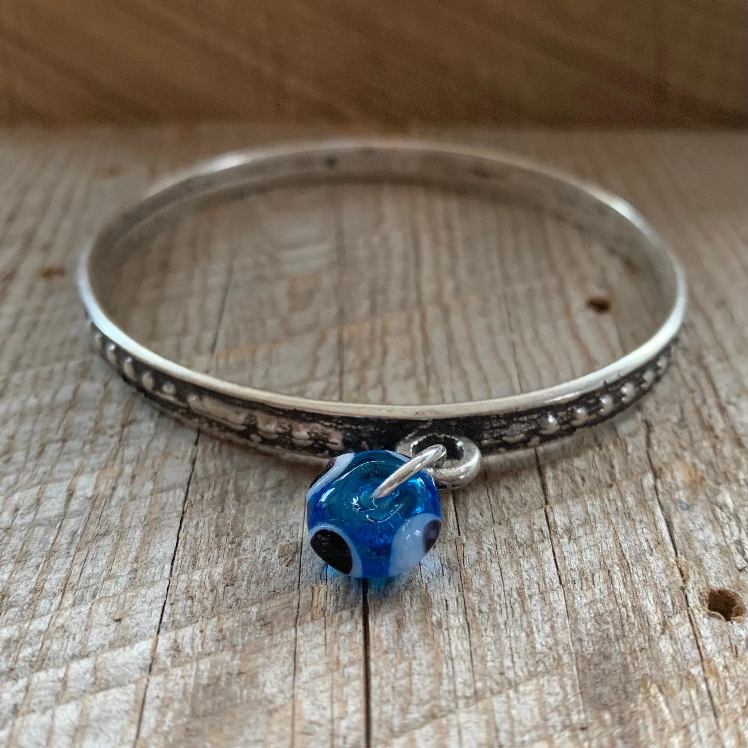SariBlue® Boho Silver Bangle with Blue Glass Evil Eye