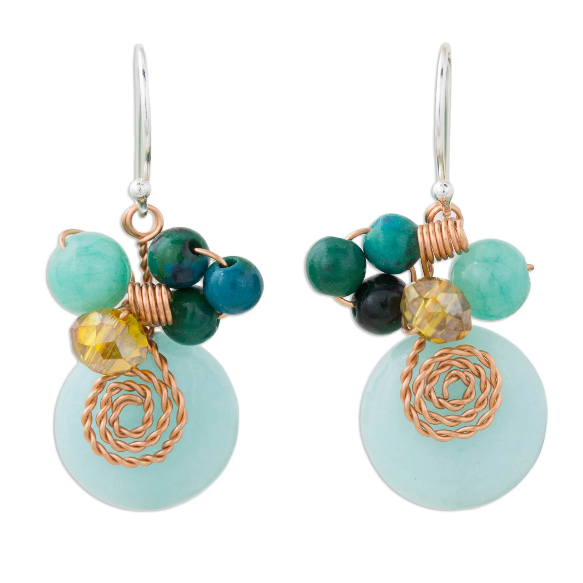 Serpentine Quartz and Glass Bead Dangle Earrings with Copper - Moonlight Garden in Aqua | NOVICA